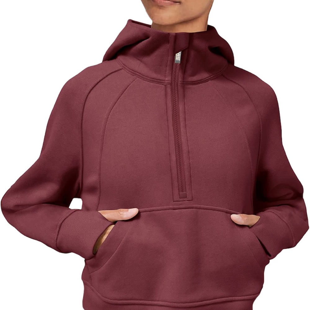 LASLULU Womens Hoodies Fleece Lined Cropped Pullover 1/2 Zipper Burgundy Scuba